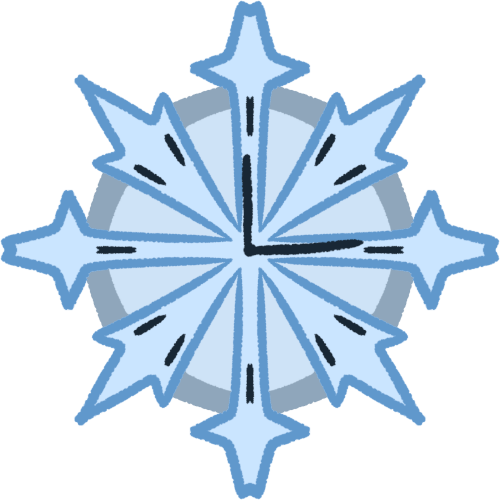  a light blue snowflake with the centre shaped like a clock which is pointing to about noon.